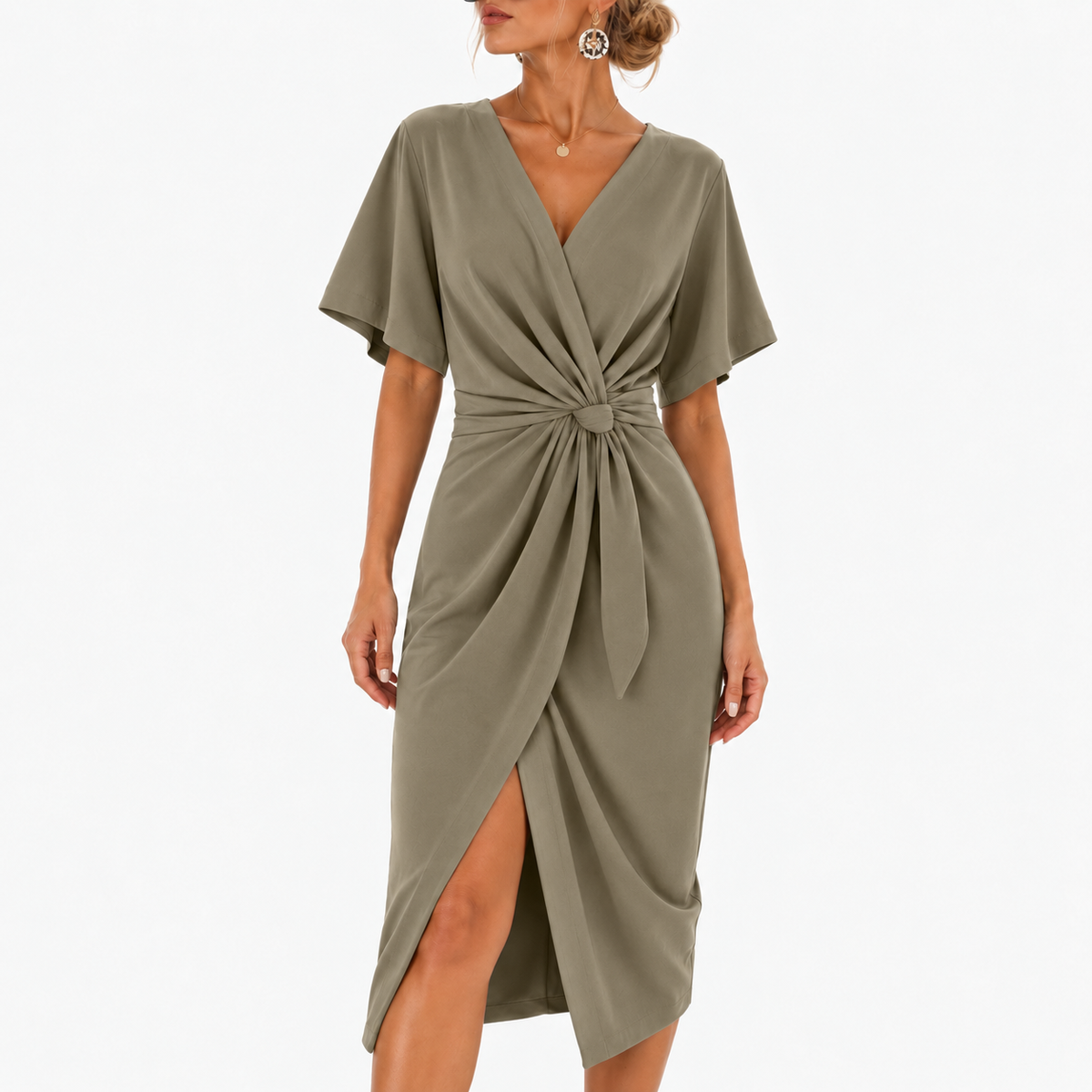 Arielle Soft Draped Midi Dress — Khaki | Emory & Blanc