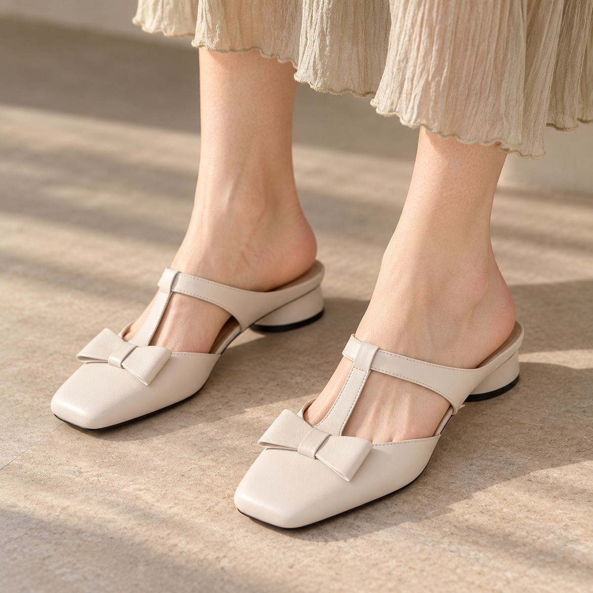 Arlette Comfort Bow-Trim Mules | Emory & Blanc