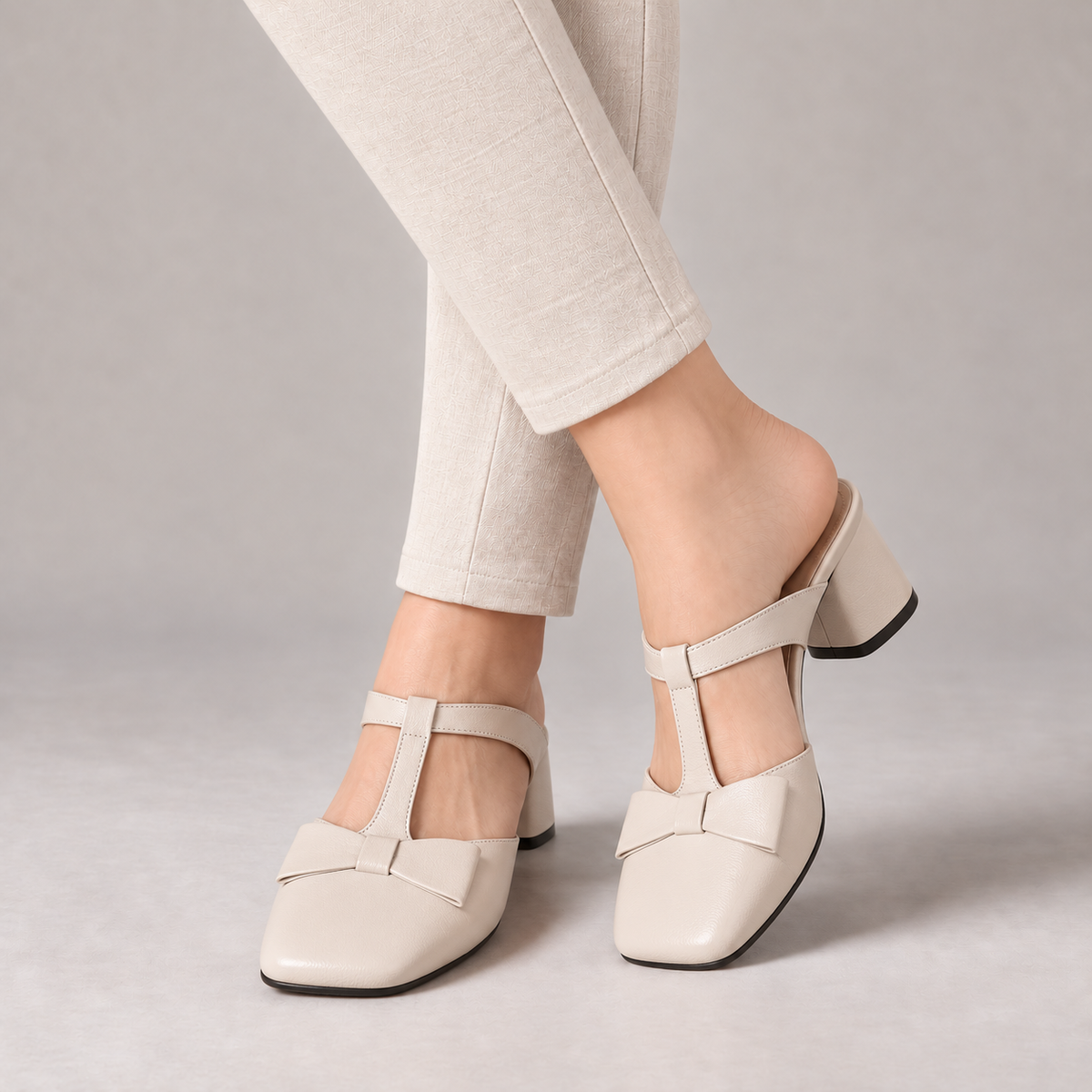Arlette Comfort Bow-Trim Mules — Beige | Emory & Blanc