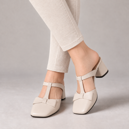 Arlette Comfort Bow-Trim Mules — Beige | Emory & Blanc