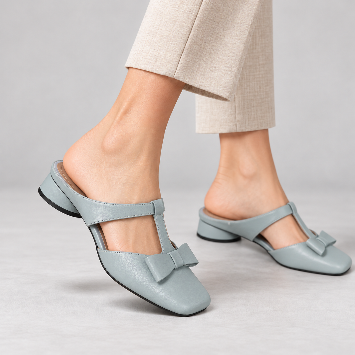 Arlette Comfort Bow-Trim Mules — Light Blue (1 ) | Emory & Blanc