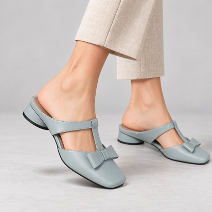 Arlette Comfort Bow-Trim Mules — Light Blue (1 ) | Emory & Blanc