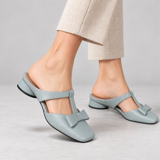 Arlette Comfort Bow-Trim Mules — Light Blue (1 ) | Emory & Blanc