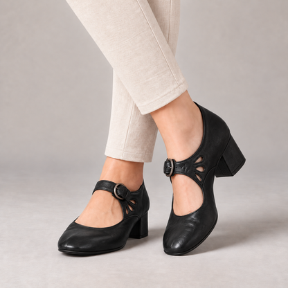 Aubrelle Comfort Buckle Mary Jane Heels — Black | Emory & Blanc