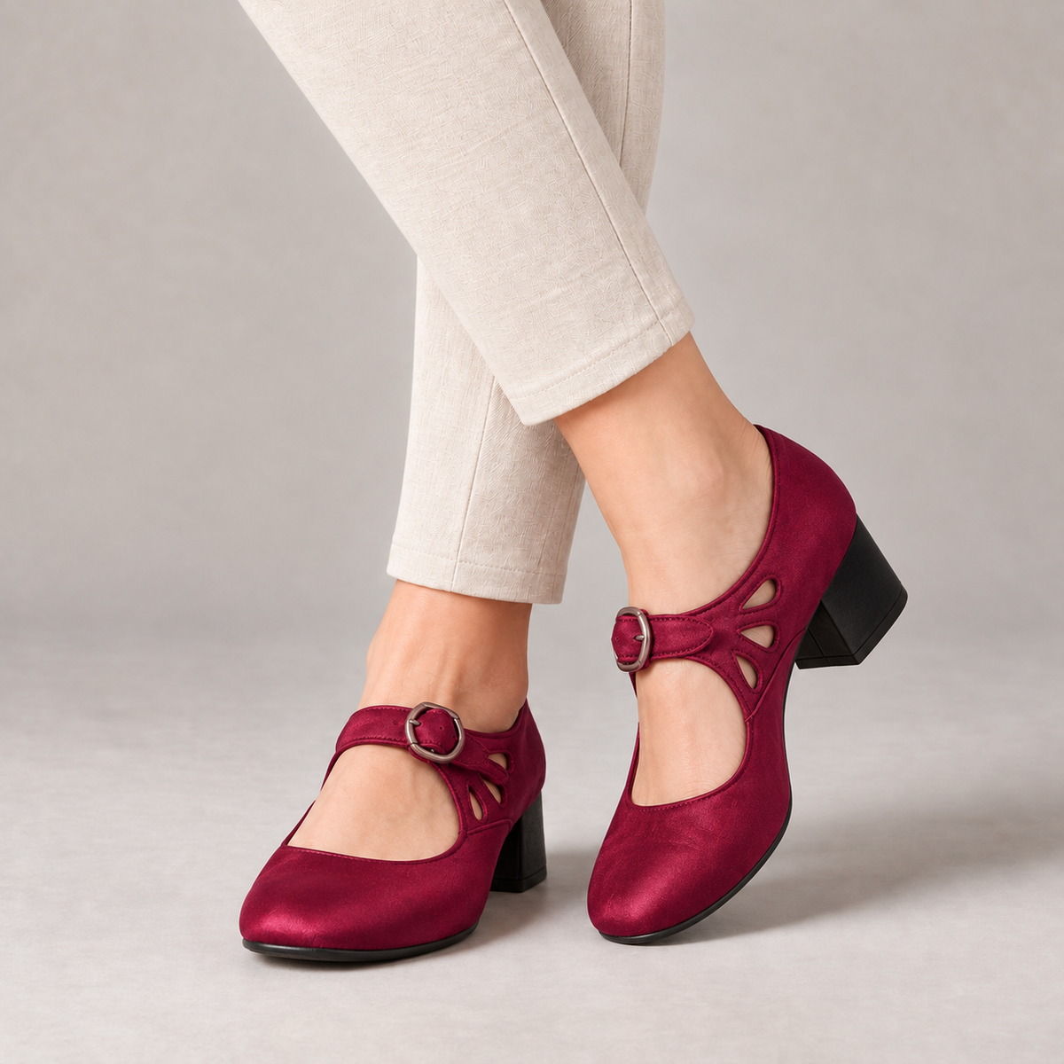Aubrelle Comfort Buckle Mary Jane Heels — Red | Emory & Blanc