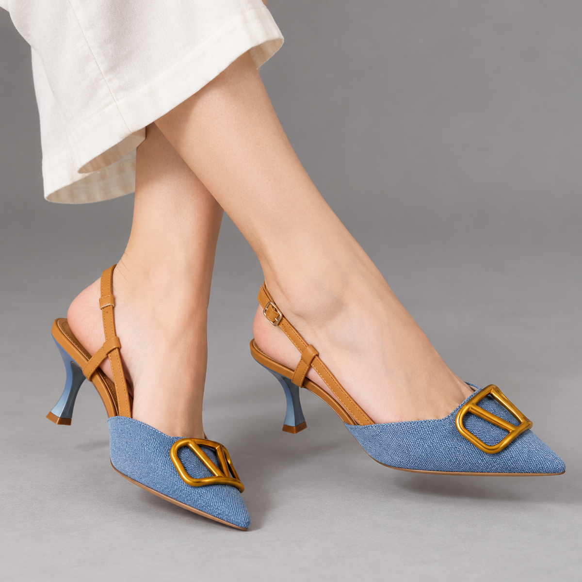 Aubrina Comfort Denim Slingback Heels | Emory & Blanc