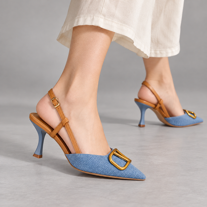 Aubrina Comfort Denim Slingback Heels | Emory & Blanc