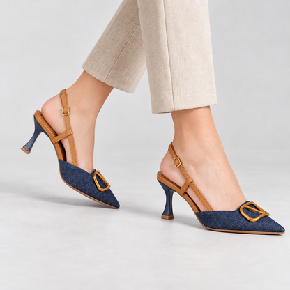 Aubrina Comfort Denim Slingback Heels | Emory & Blanc