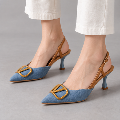 Aubrina Comfort Denim Slingback Heels | Emory & Blanc