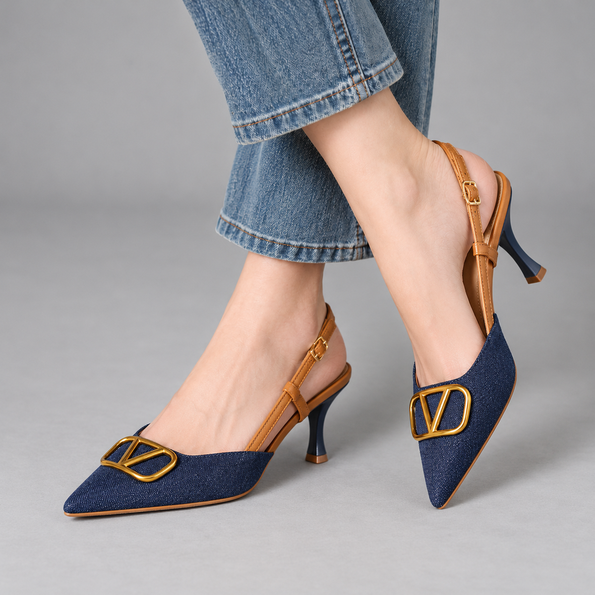 Aubrina Comfort Denim Slingback Heels | Emory & Blanc