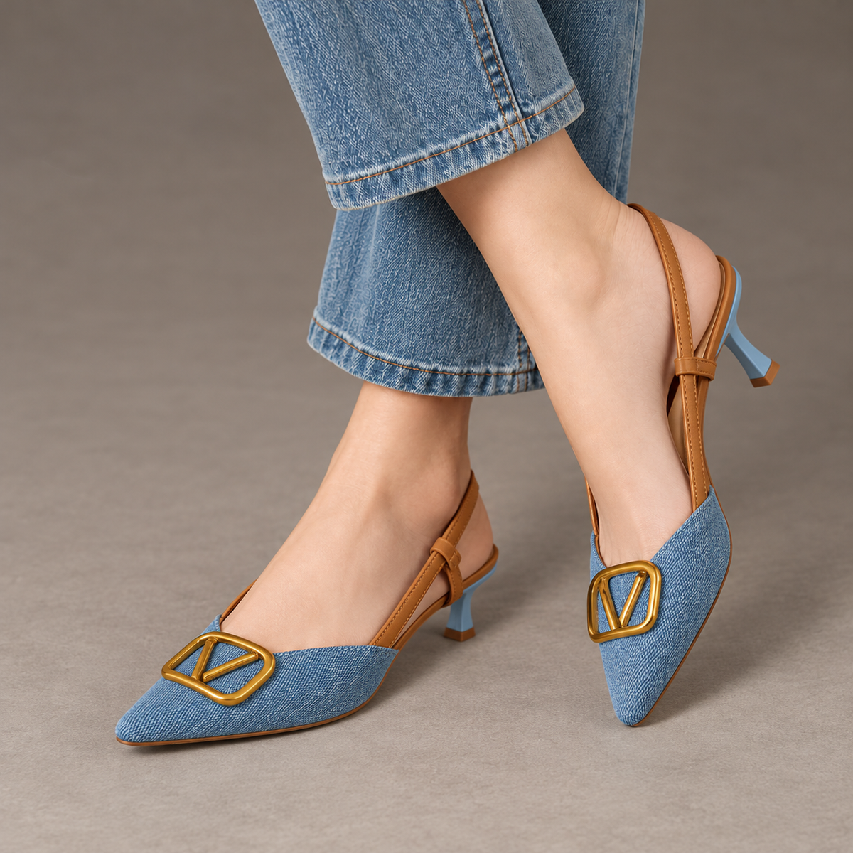 Aubrina Comfort Denim Slingback Heels | Emory & Blanc