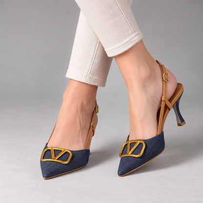Aubrina Comfort Denim Slingback Heels — Navy | Emory & Blanc