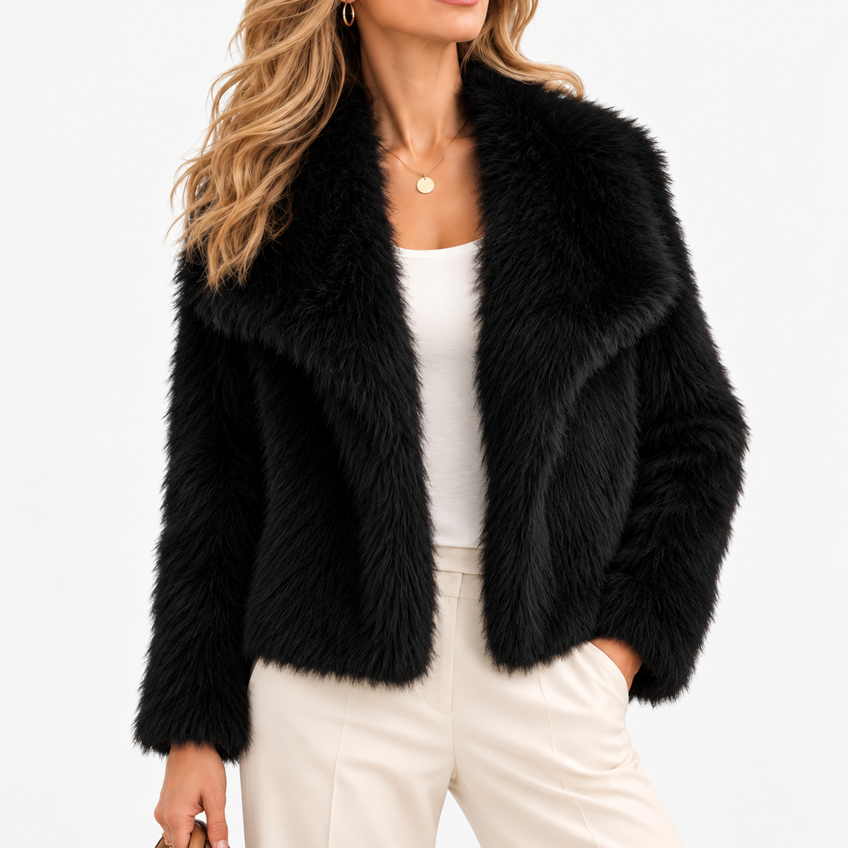 Aurelie Relaxed Fit Plush Lapel Jacket — Black | Emory & Blanc