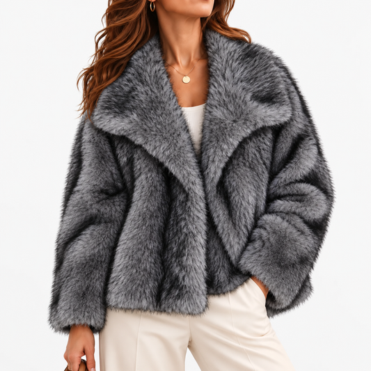 Aurelie Relaxed Fit Plush Lapel Jacket — Smoky Gray & Black | Emory & Blanc