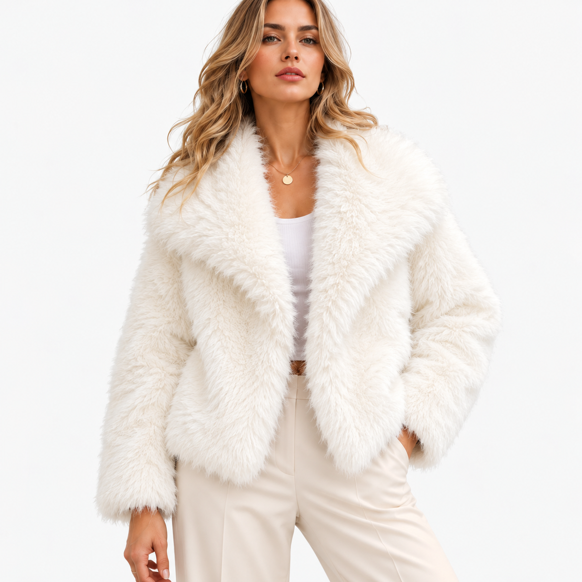 Aurelie Relaxed Fit Plush Lapel Jacket — White | Emory & Blanc