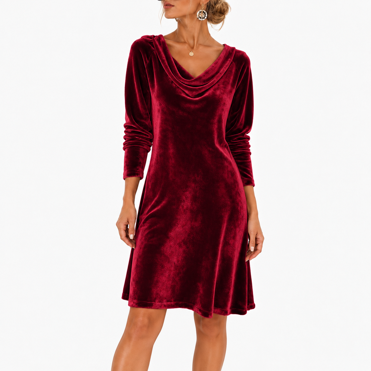 Aurora Comfort Cowl-Neck Long Sleeve Dress — Burgundy | Emory & Blanc