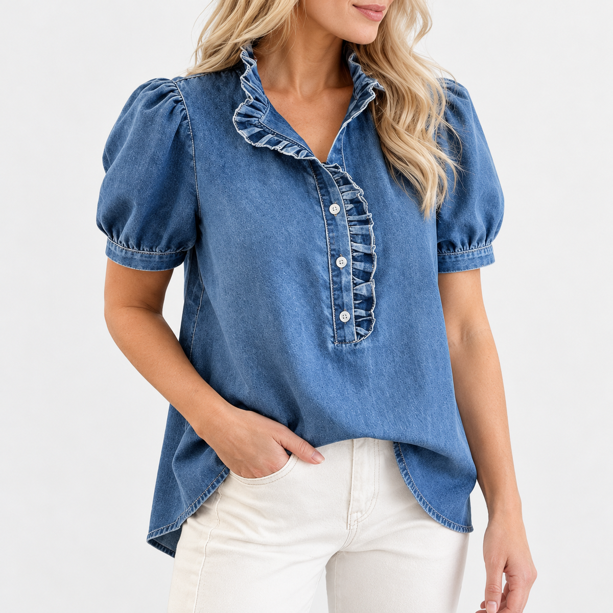 Beatrix Soft Ruffle-Neck Blouse, Puff Sleeve | Emory & Blanc