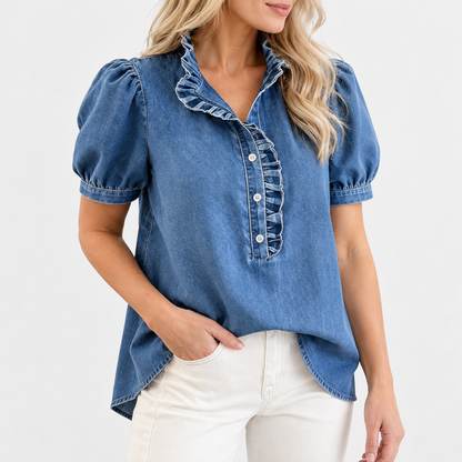Beatrix Soft Ruffle-Neck Blouse, Puff Sleeve | Emory & Blanc
