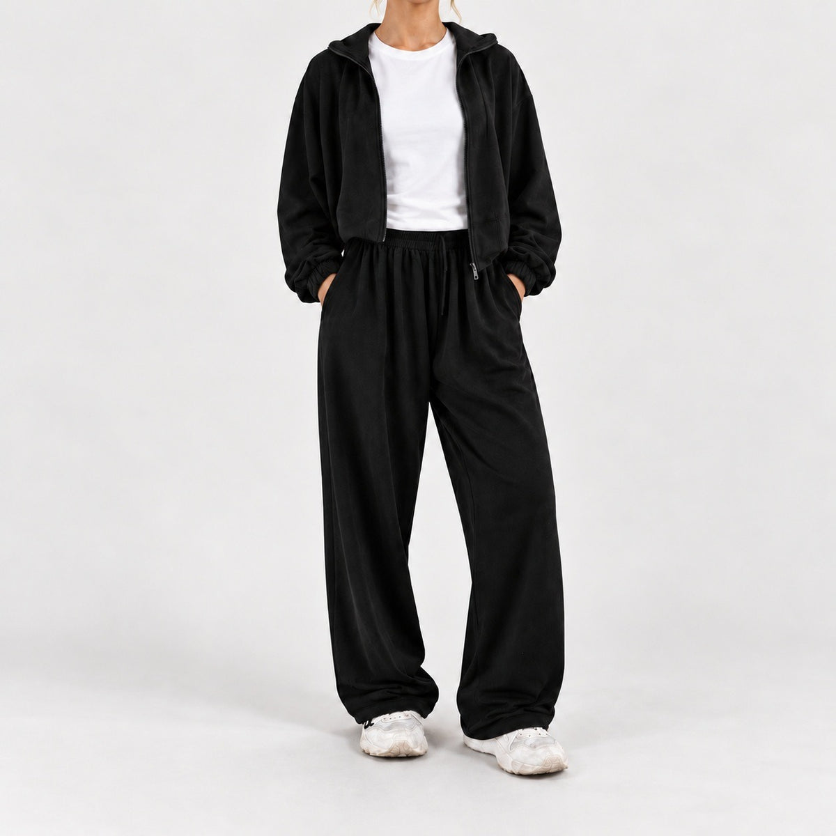 Bettina Relaxed Fit Hooded Zip Set — Black | Emory & Blanc