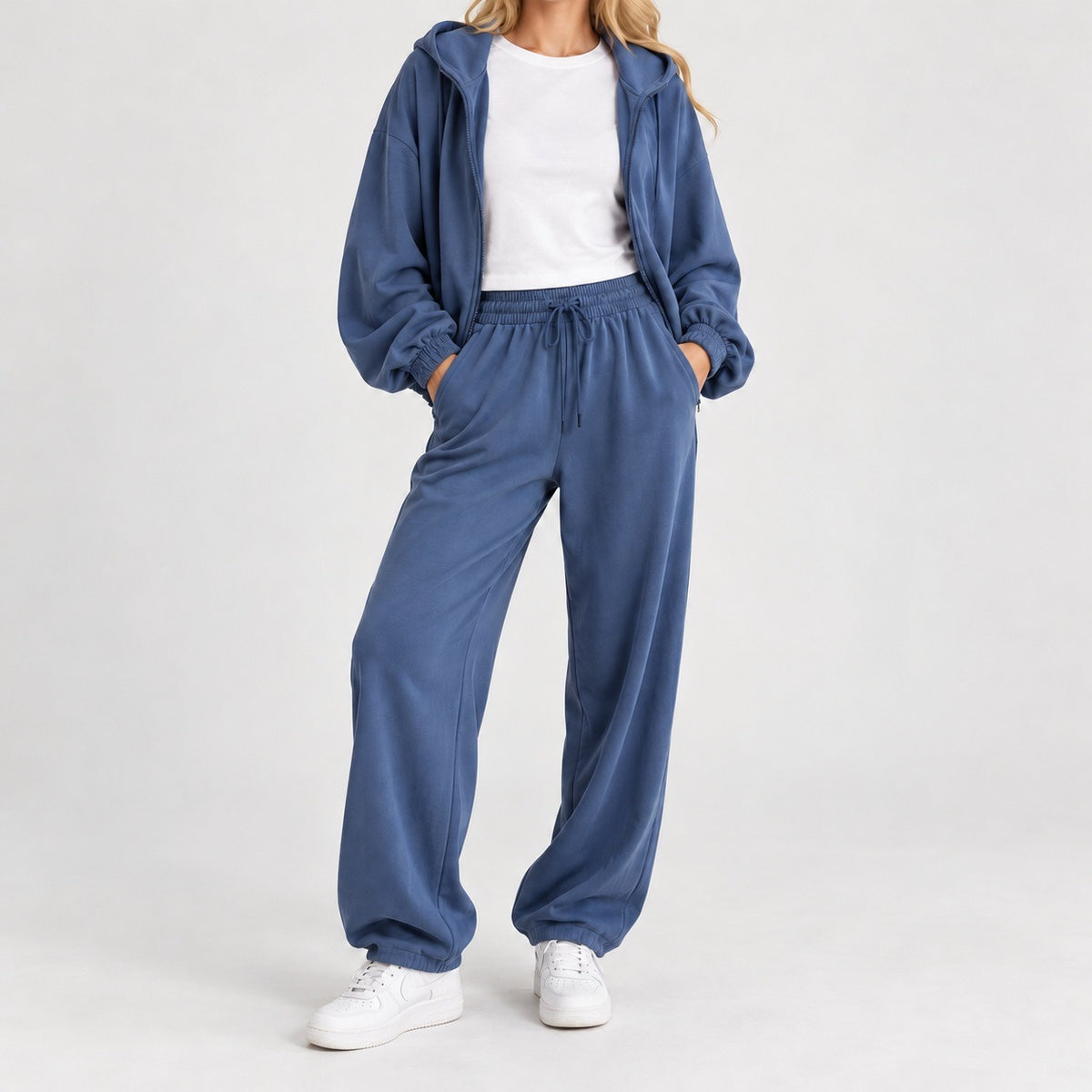 Bettina Relaxed Fit Hooded Zip Set — Blue | Emory & Blanc