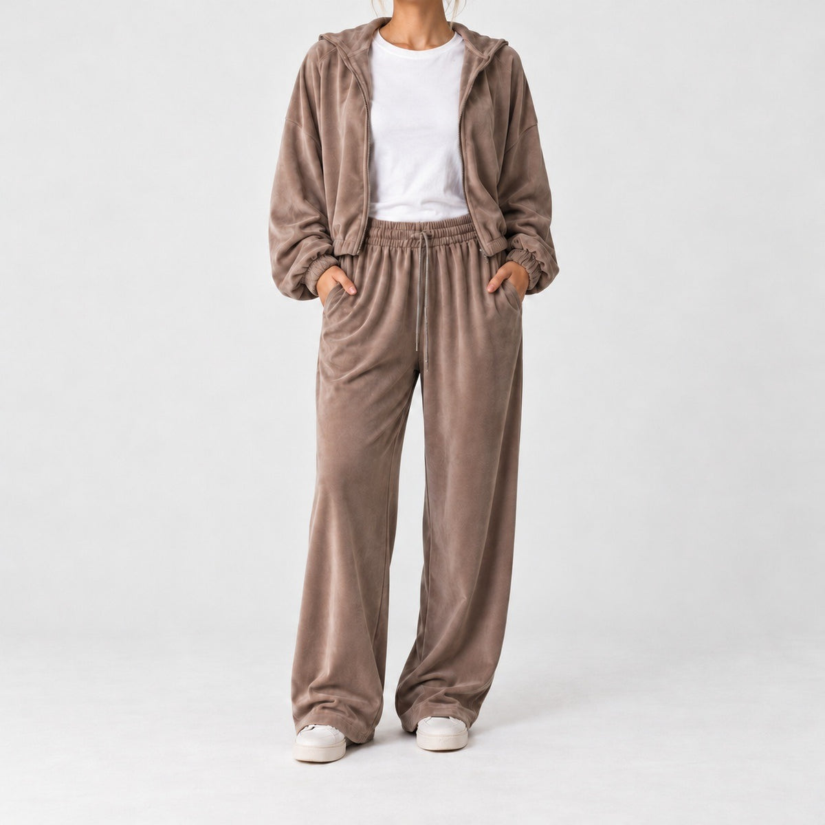 Bettina Relaxed Fit Hooded Zip Set — Khaki | Emory & Blanc