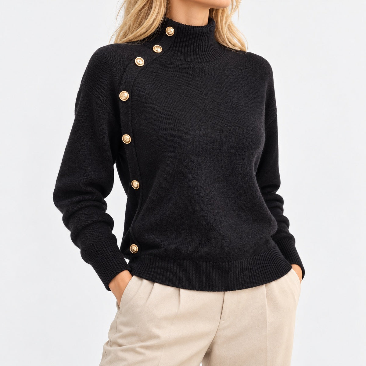 Bianca Asymmetric Button Sweater, Mock Neck — Black | Emory & Blanc