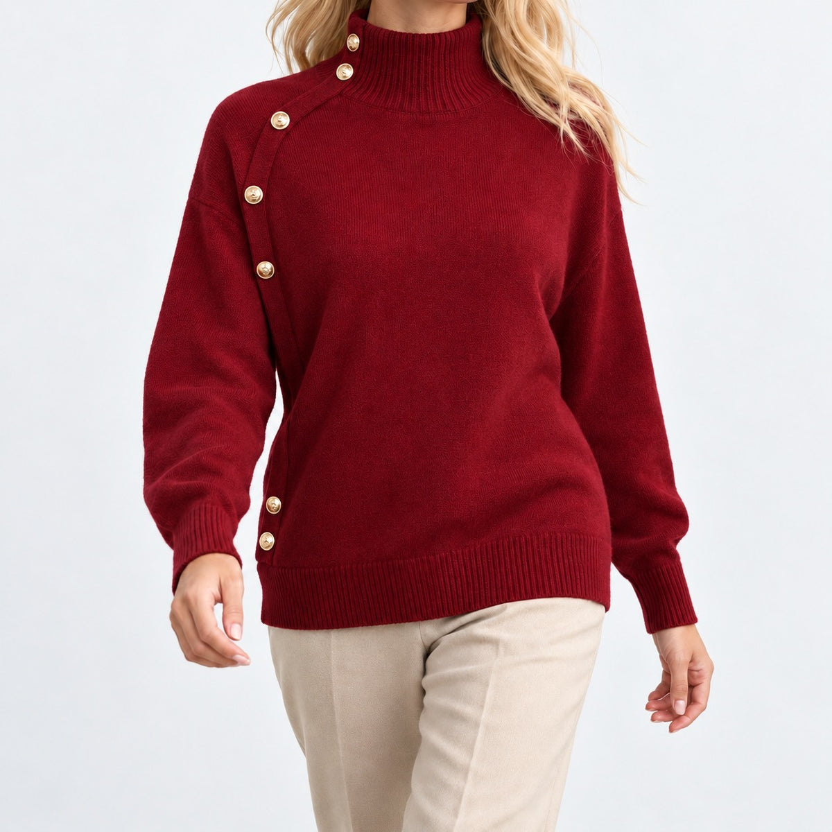 Bianca Asymmetric Button Sweater, Mock Neck — Burgundy | Emory & Blanc