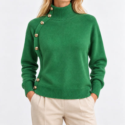 Bianca Asymmetric Button Sweater, Mock Neck — Green | Emory & Blanc