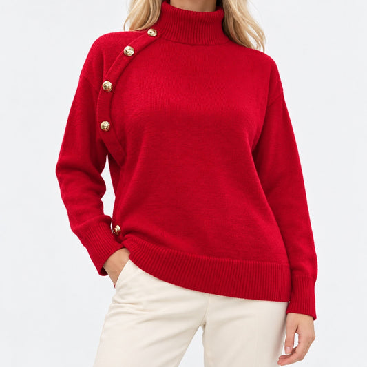 Bianca Asymmetric Button Sweater, Mock Neck — Red | Emory & Blanc
