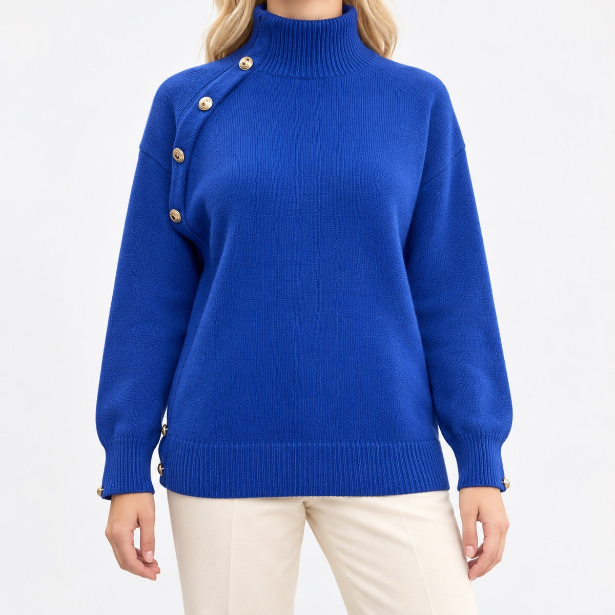 Bianca Asymmetric Button Sweater, Mock Neck — Royal Blue | Emory & Blanc