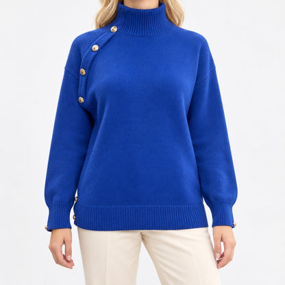 Bianca Asymmetric Button Sweater, Mock Neck — Royal Blue | Emory & Blanc