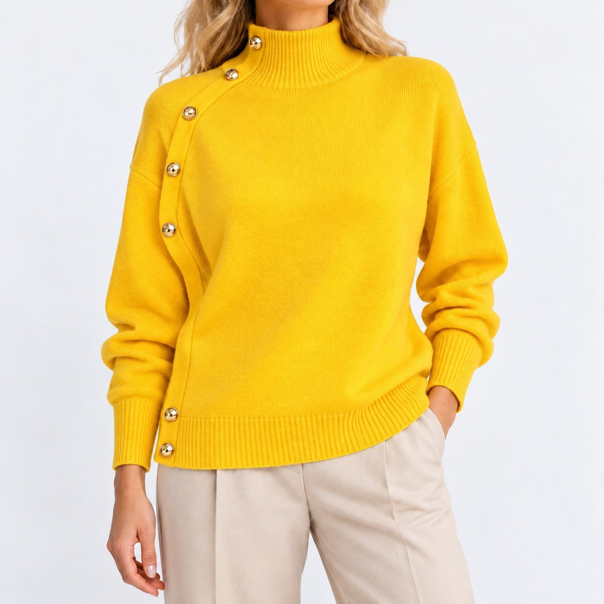 Bianca Asymmetric Button Sweater, Mock Neck — Yellow | Emory & Blanc