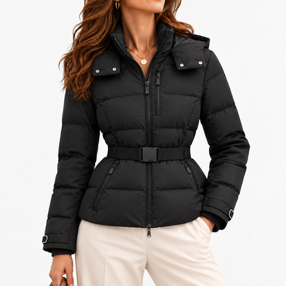 Callista Soft Puffer Jacket, Belted Waist — Black | Emory & Blanc