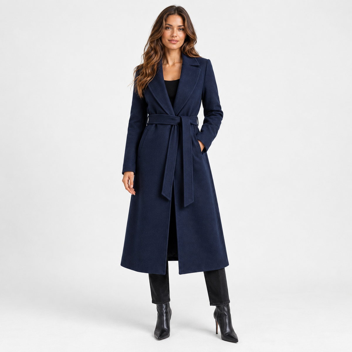 Camilla Relaxed Fit Long Wrap Coat — Navy | Emory & Blanc