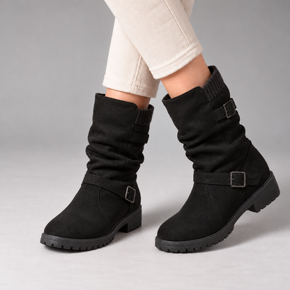 Carina Soft Mid-Calf Boots, Buckle Straps — Black | Emory & Blanc