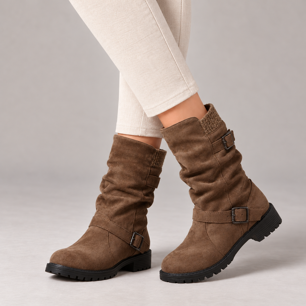 Carina Soft Mid-Calf Boots, Buckle Straps — Brown | Emory & Blanc
