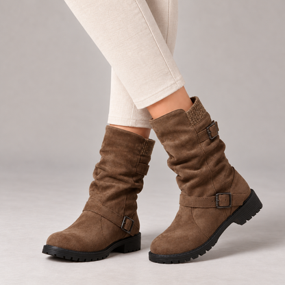 Carina Soft Mid-Calf Boots, Buckle Straps — Brown | Emory & Blanc