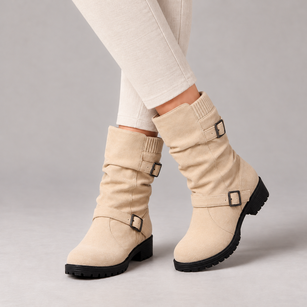 Carina Soft Mid-Calf Boots, Buckle Straps — Cream | Emory & Blanc