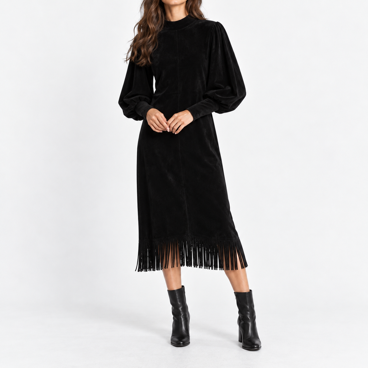 Carmen Breathable Midi Dress, Fringe Hem — Black | Emory & Blanc