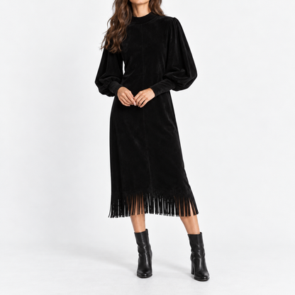 Carmen Breathable Midi Dress, Fringe Hem — Black | Emory & Blanc