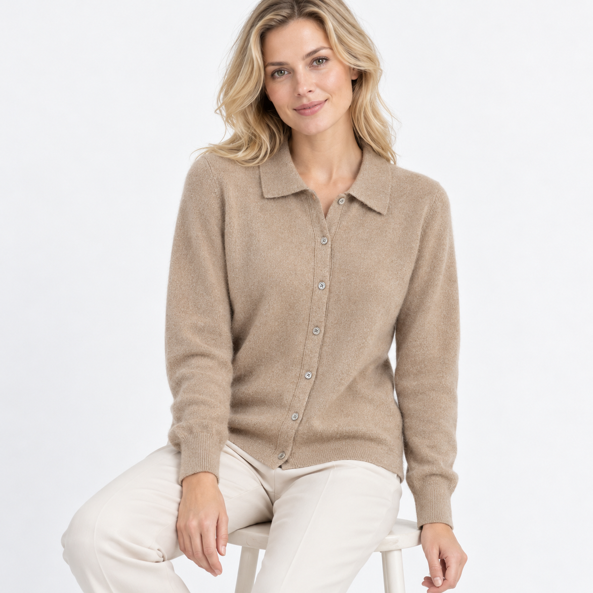 Cecily Soft Shirt-Collar Cardigan, Button Front | Emory & Blanc