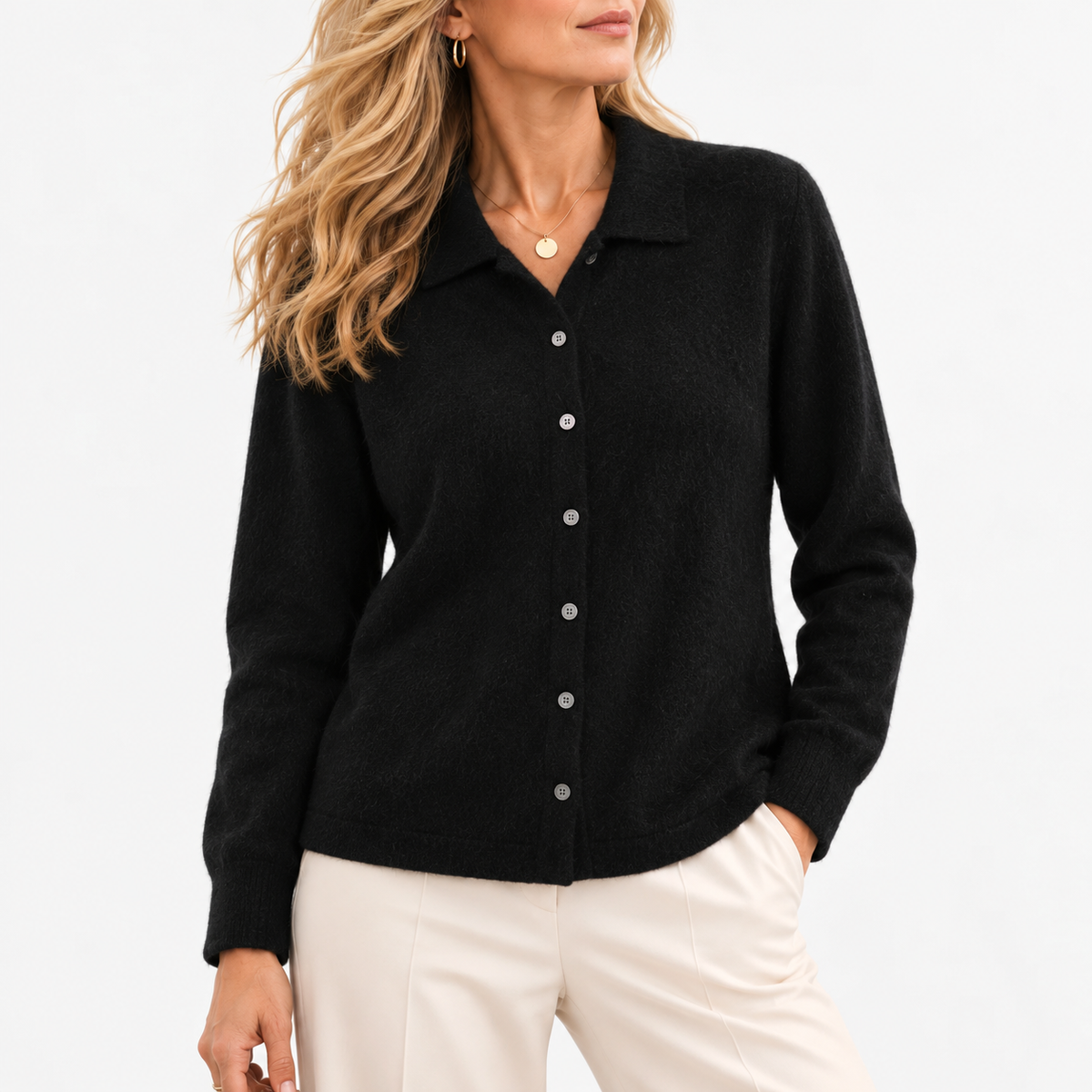 Cecily Soft Shirt-Collar Cardigan, Button Front — Black | Emory & Blanc