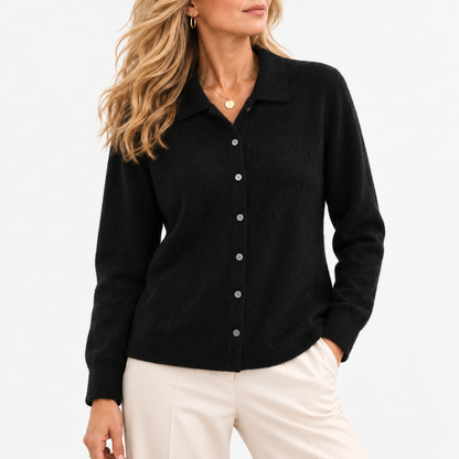 Cecily Soft Shirt-Collar Cardigan, Button Front — Black | Emory & Blanc