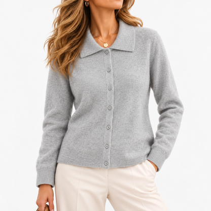 Cecily Soft Shirt-Collar Cardigan, Button Front — Light Gray | Emory & Blanc