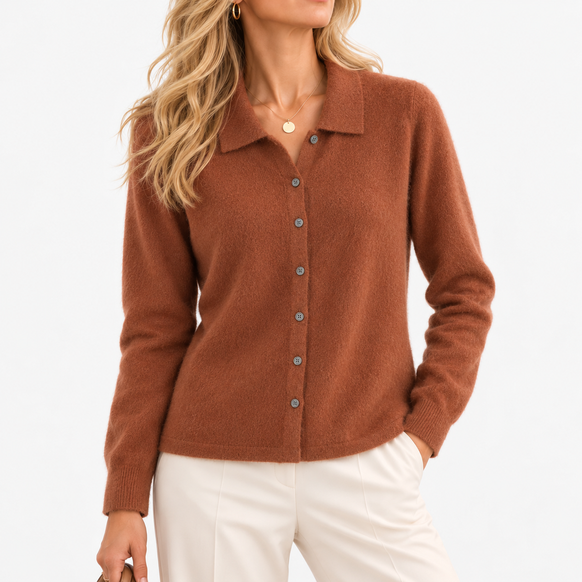 Cecily Soft Shirt-Collar Cardigan, Button Front — Red / Camel | Emory & Blanc