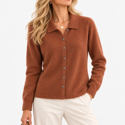 Cecily Soft Shirt-Collar Cardigan, Button Front — Red / Camel | Emory & Blanc