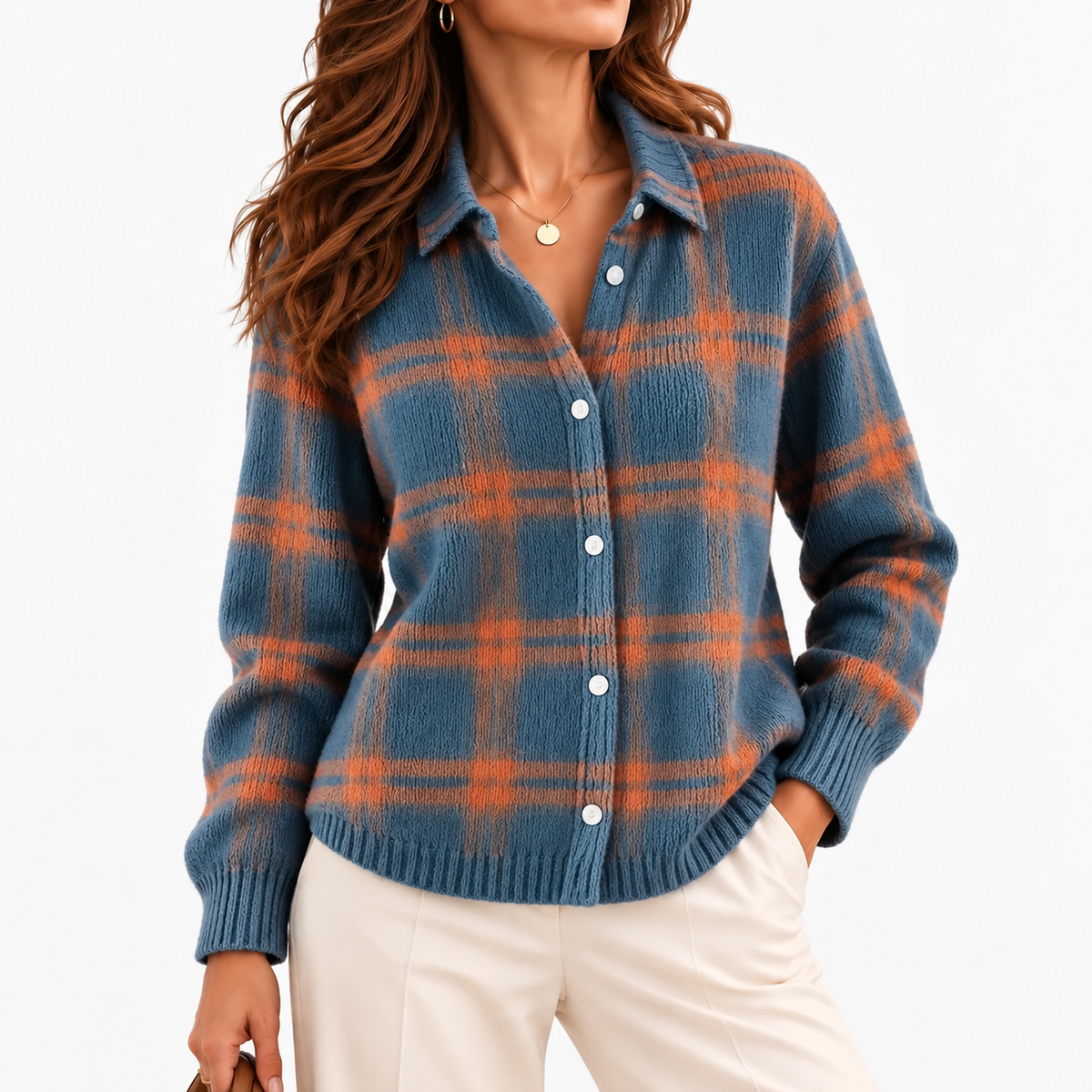 Clemence Plaid Button-Front Cardigan — Blue & Orange Plaid | Emory & Blanc