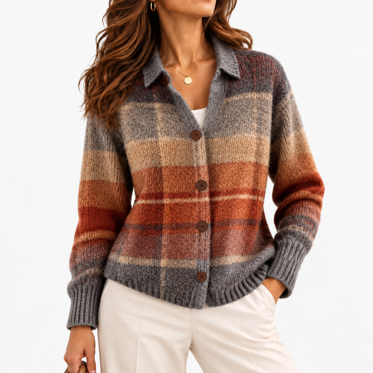 Clemence Plaid Button-Front Cardigan — Coffee Brown Plaid | Emory & Blanc