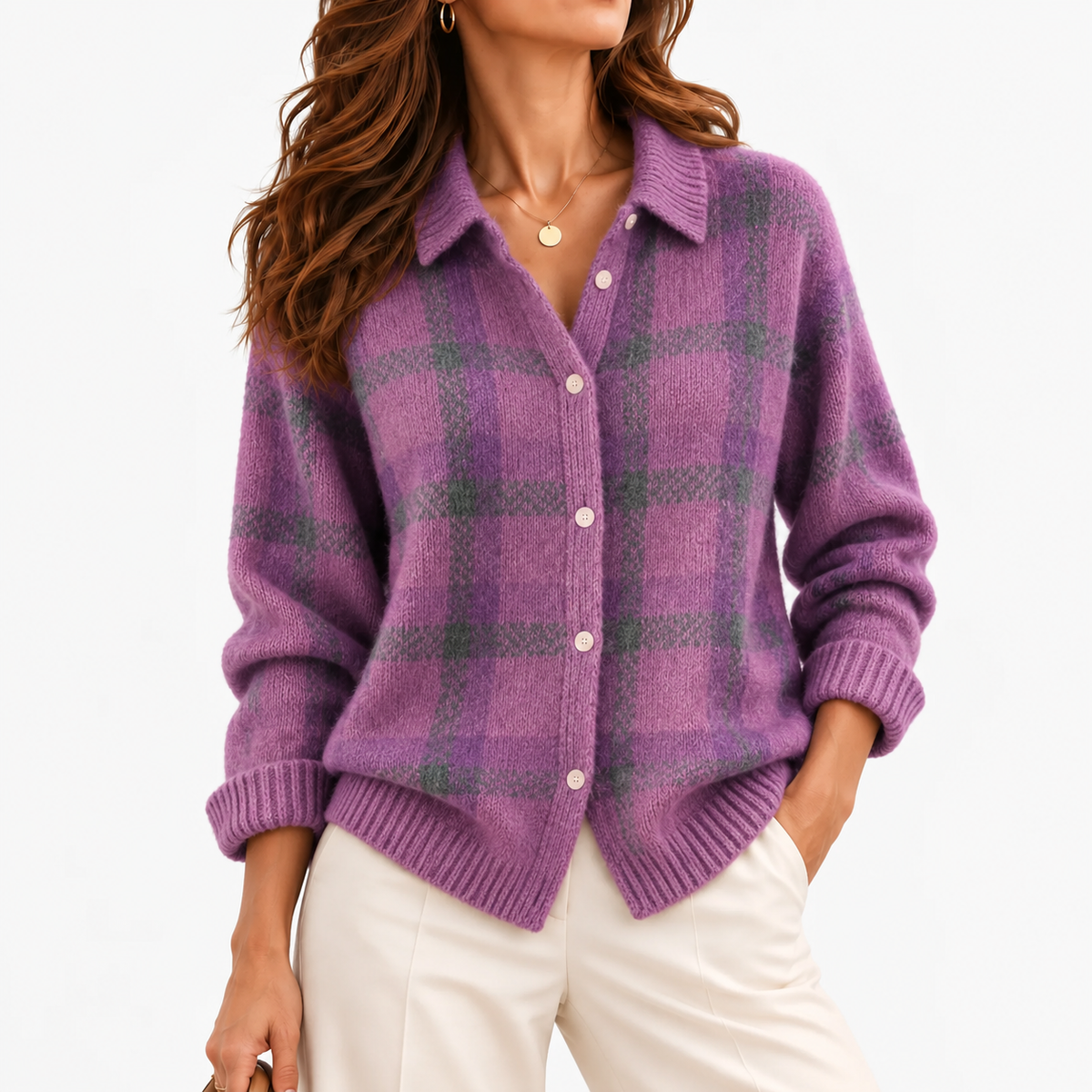 Clemence Plaid Button-Front Cardigan — Lilac Plaid | Emory & Blanc