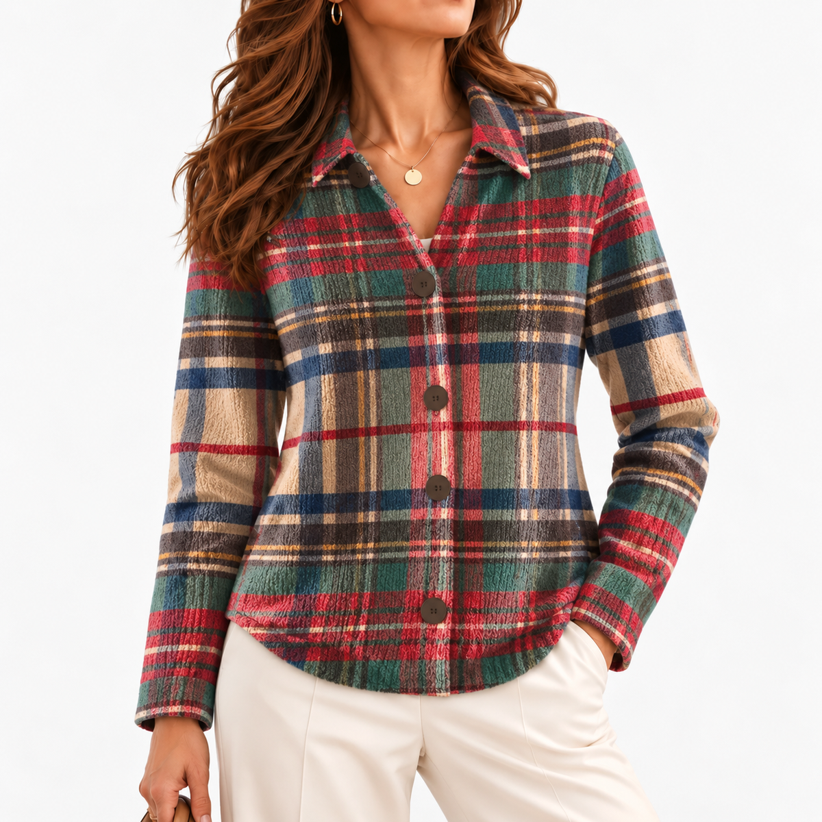 Clemence Plaid Button-Front Cardigan — Muted Multicolour Plaid | Emory & Blanc